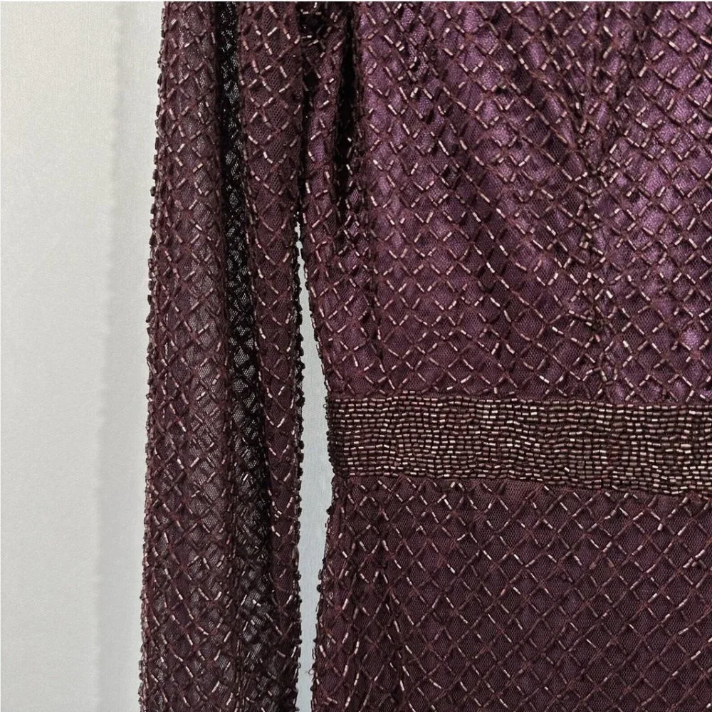 NEW $398 Mac Duggal [ 10‎ ] Bugle Beaded Long Sleeve Midi Dress Abergine #Q487 - Picture 10 of 15